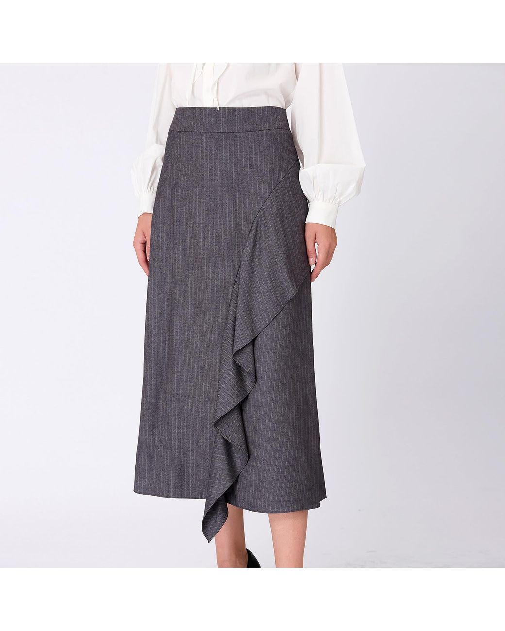 Smart and Joy Gray Asymmetric Ruffle Flared Midi Skirt