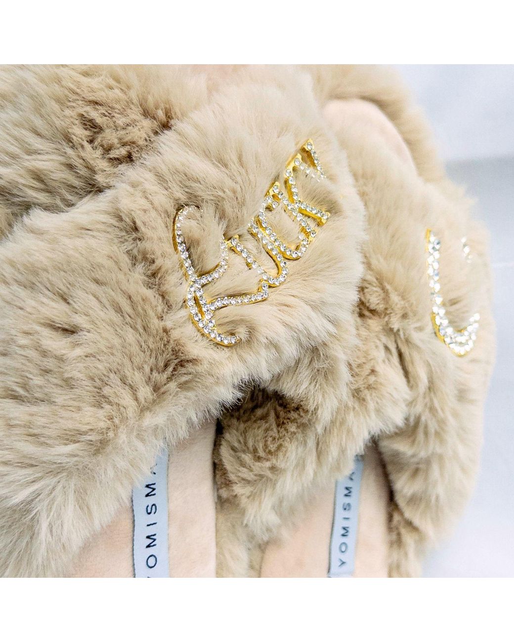 Yomisma Natural Neutrals Eco Faux Fur Slippers – Recycled Faux Fur With Lucky + Horseshoe Embellishment