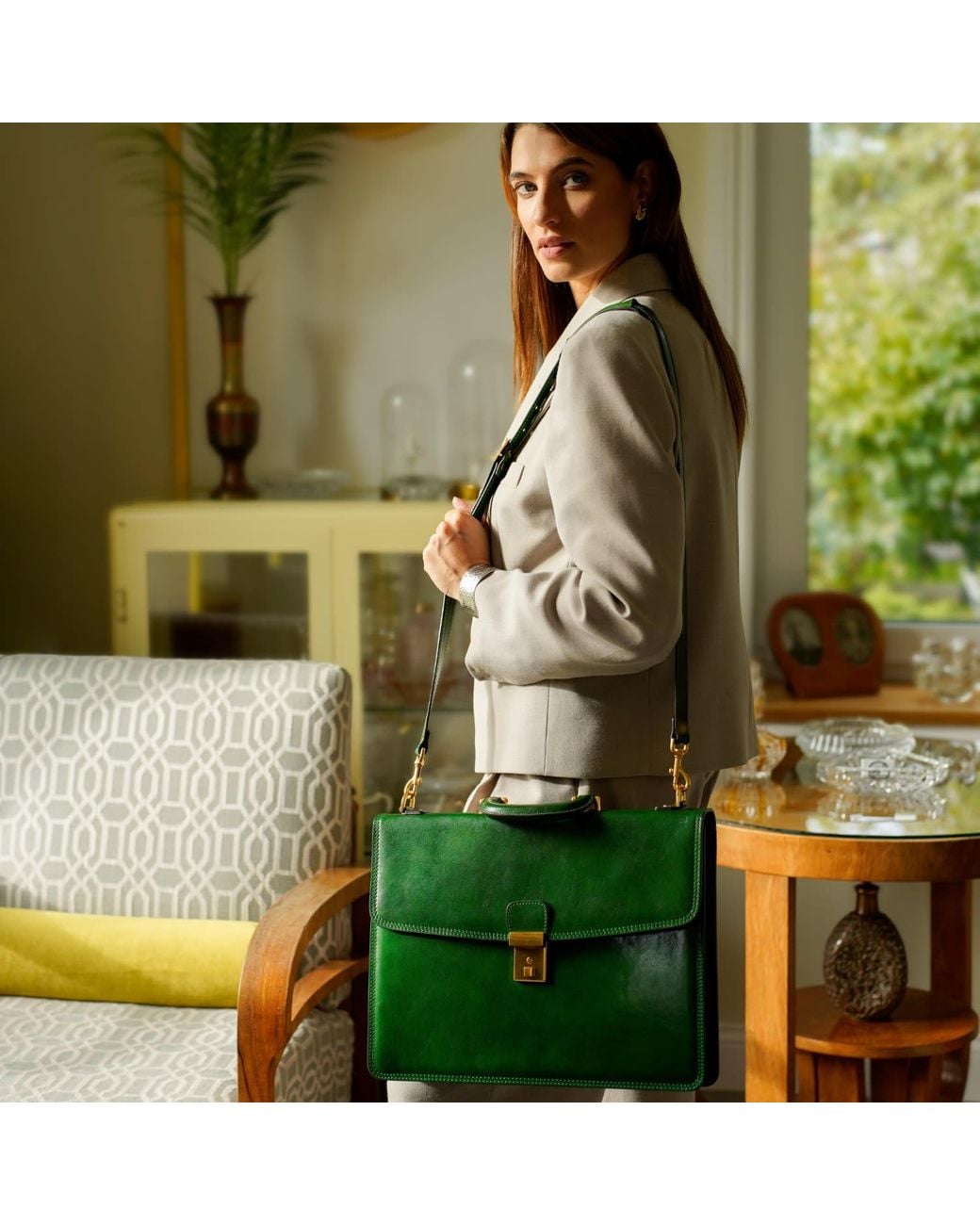 Time Resistance Green Leather Briefcase