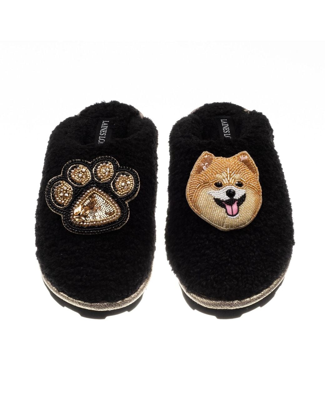 Laines London Black Teddy Closed Toe Slippers With Teddy The Pomeranian & Paw Brooches