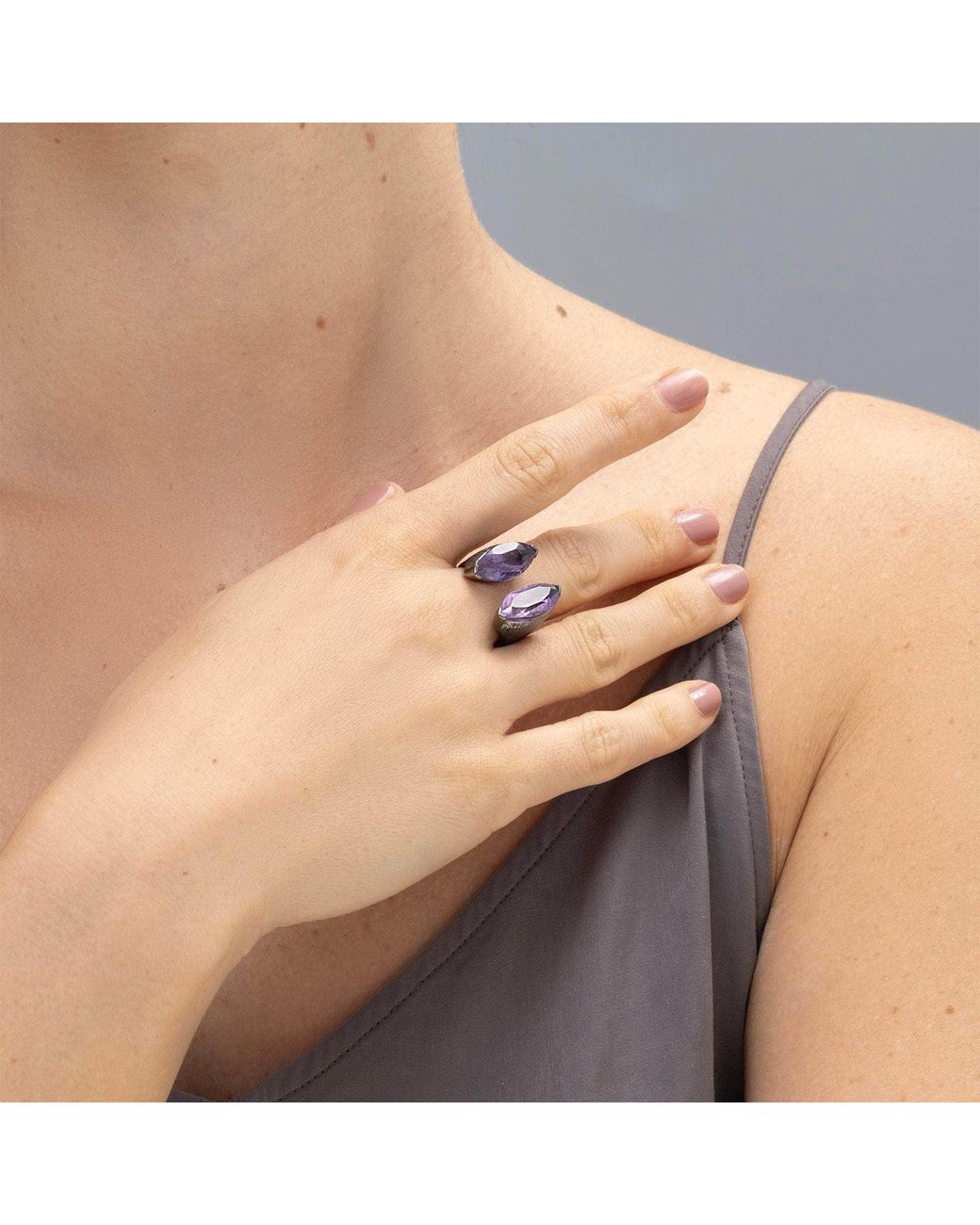German Kabirski Purple Roones Open Design Blackened Ring With Princess Cut Amethyst