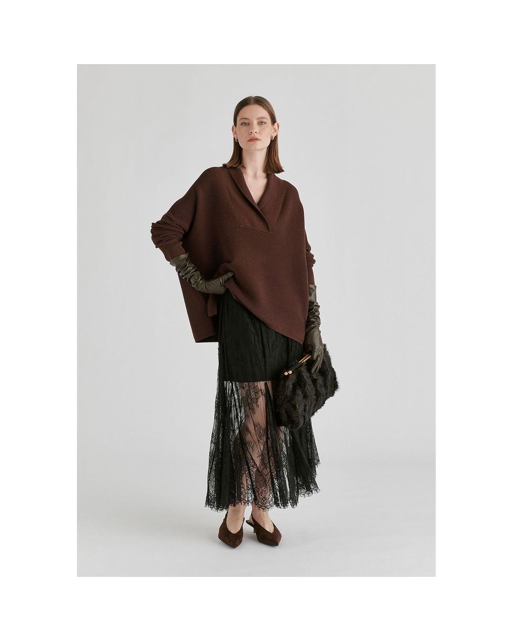 Paisie Brown Shawl Collar Ribbed Jumper