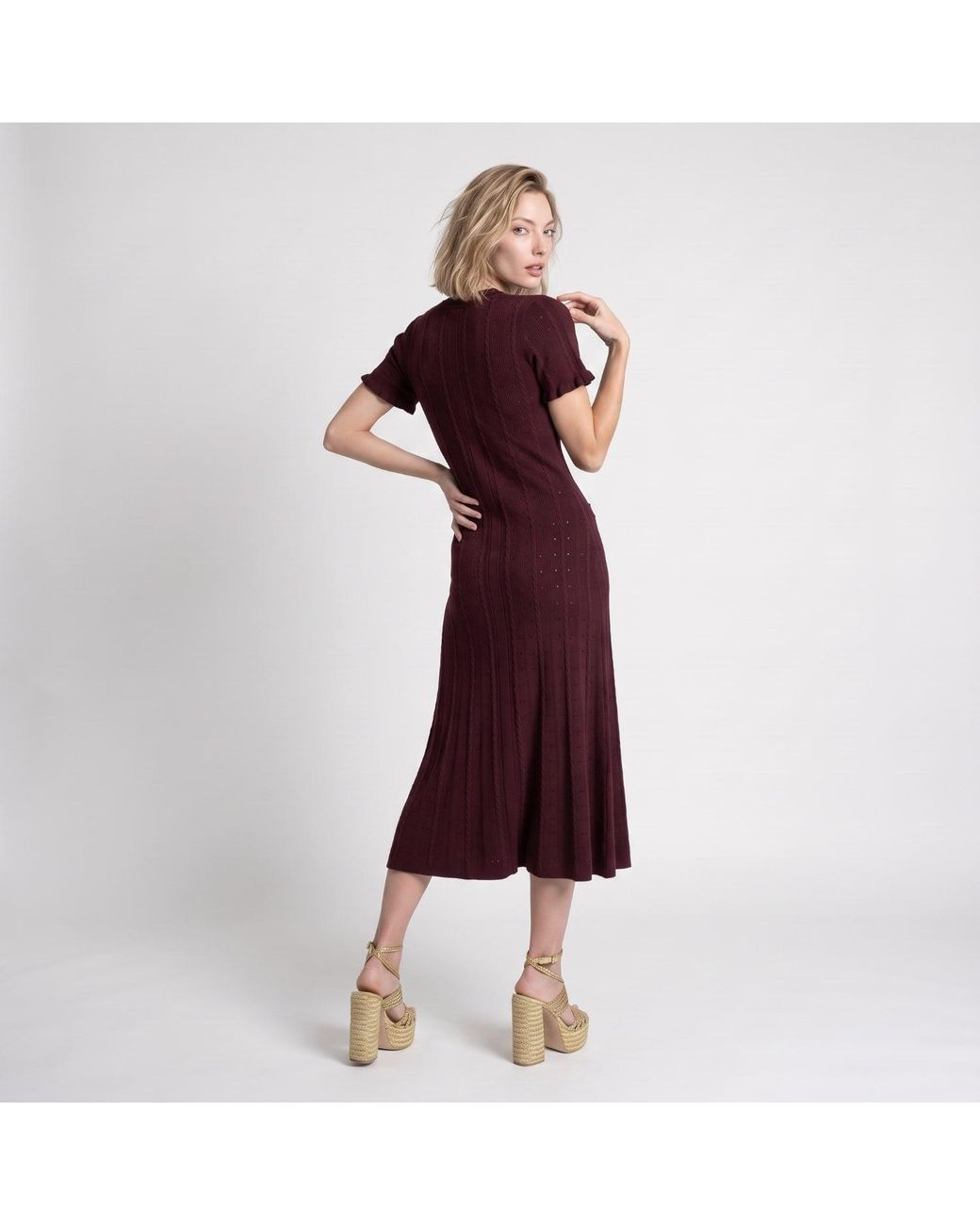 Modenaire Purple Textured Knit Midi Dress Clean Silhouette