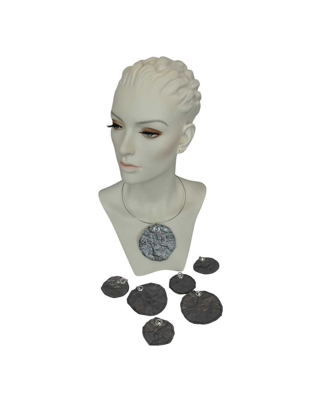 Romer Millinery Gray Metallic Sillk Disc Coin Choker Steel