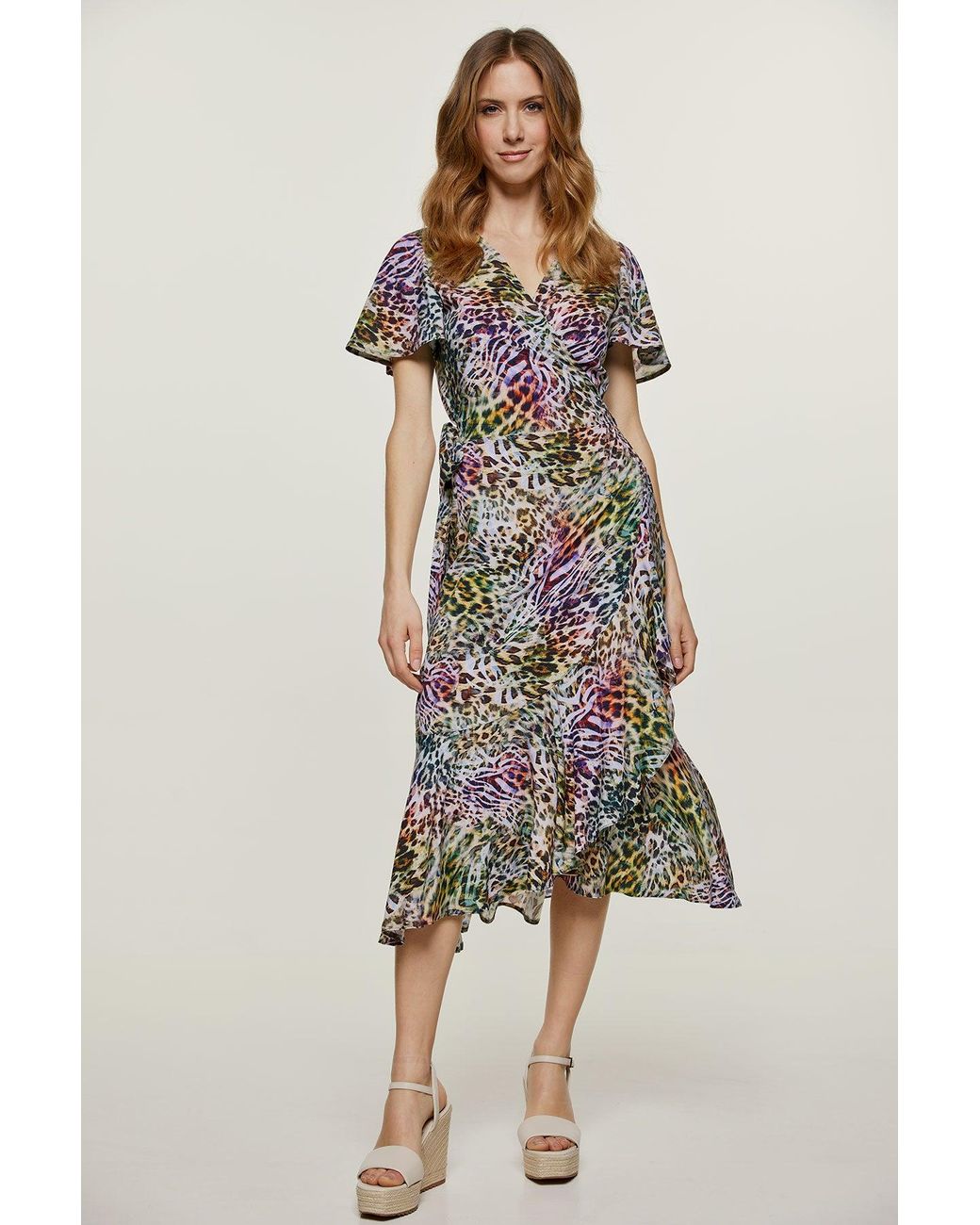 Conquista Multicolor Animal Print Ruffle Detail Wrap Dress