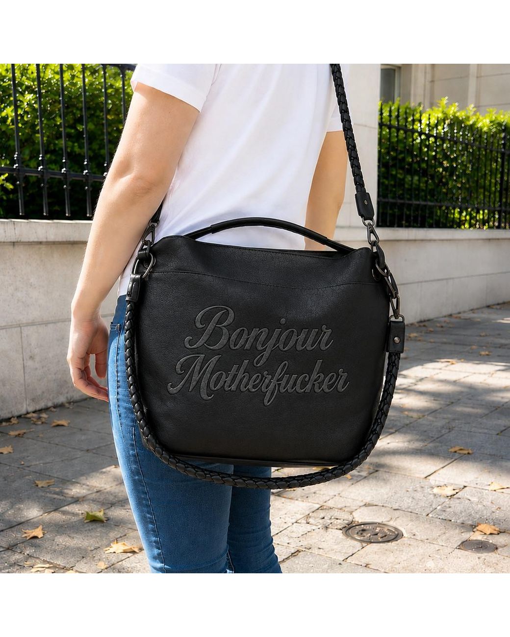 Lilly Loves Black Long Shoulder Bonjour Motherfucker Bag