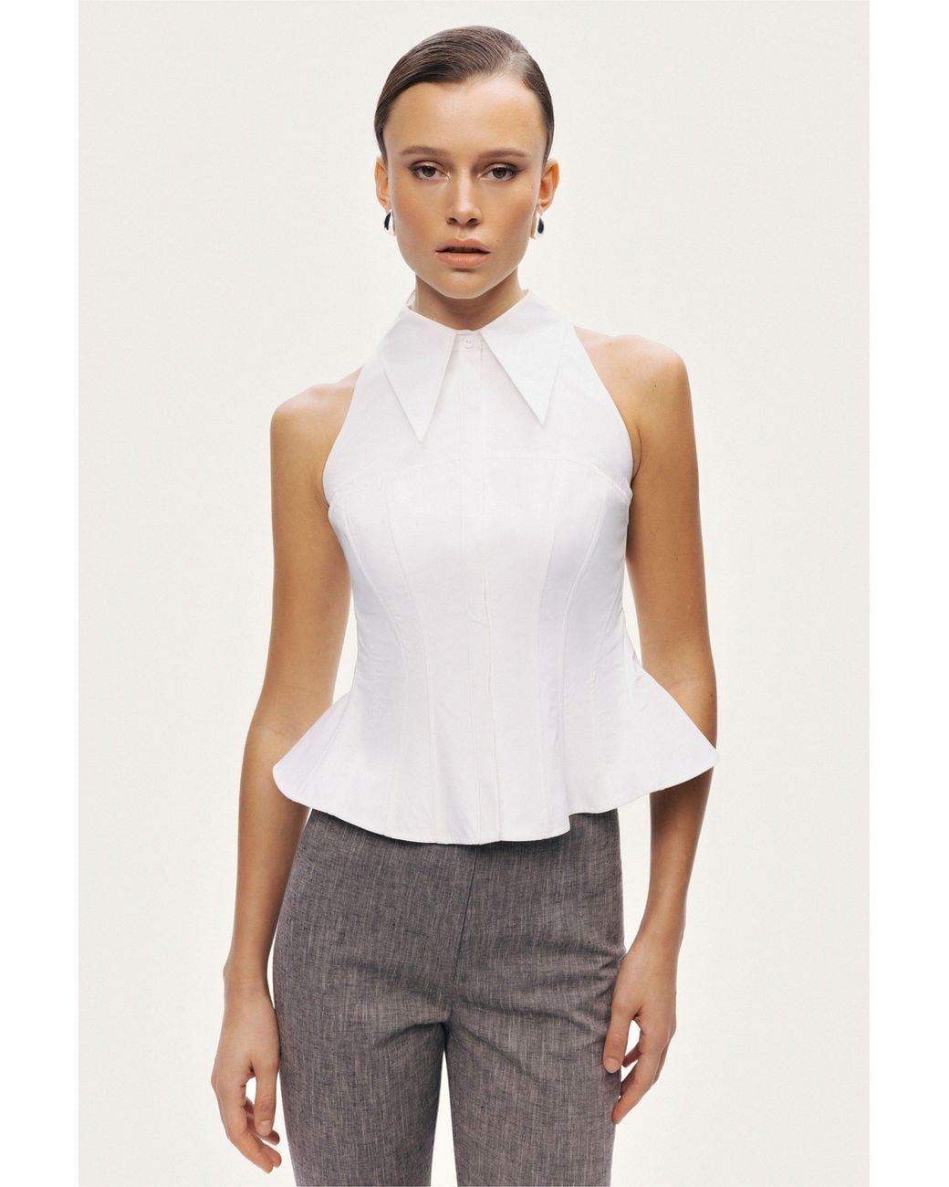 Nocturne White Structured Halter Peplum Top