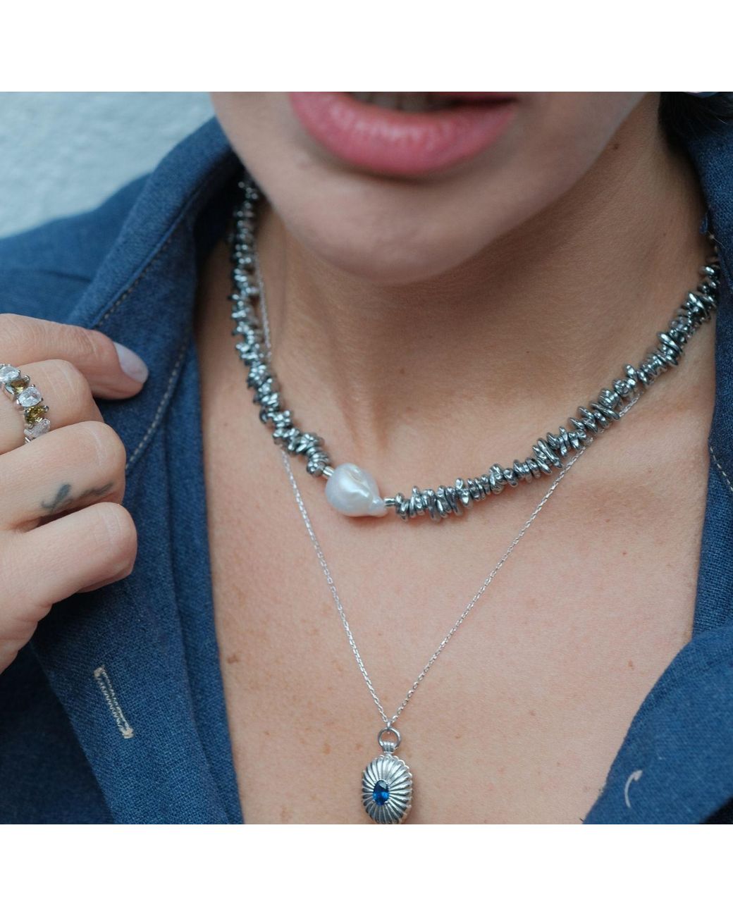 LINYA JEWELLERY Metallic Halia Hematite Stone Baroque Pearl Necklace