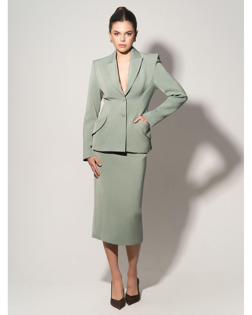 Tia Dorraine Green Tailored Fit Suiting Blazer & Skirt Suit