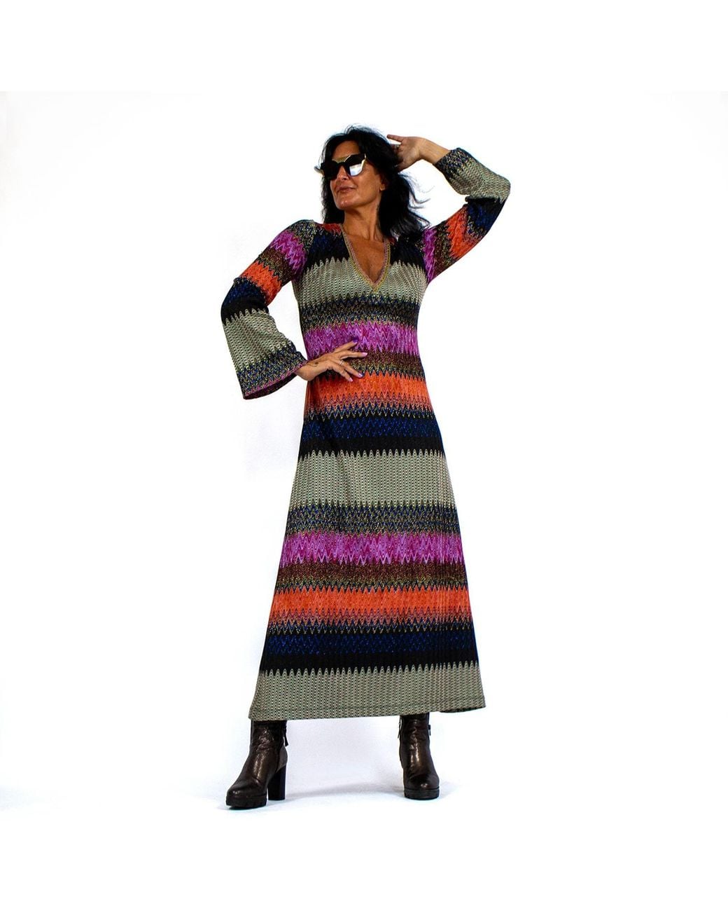 Lalipop Design Red Knitted V-Neck Multi Color Maxi Dress