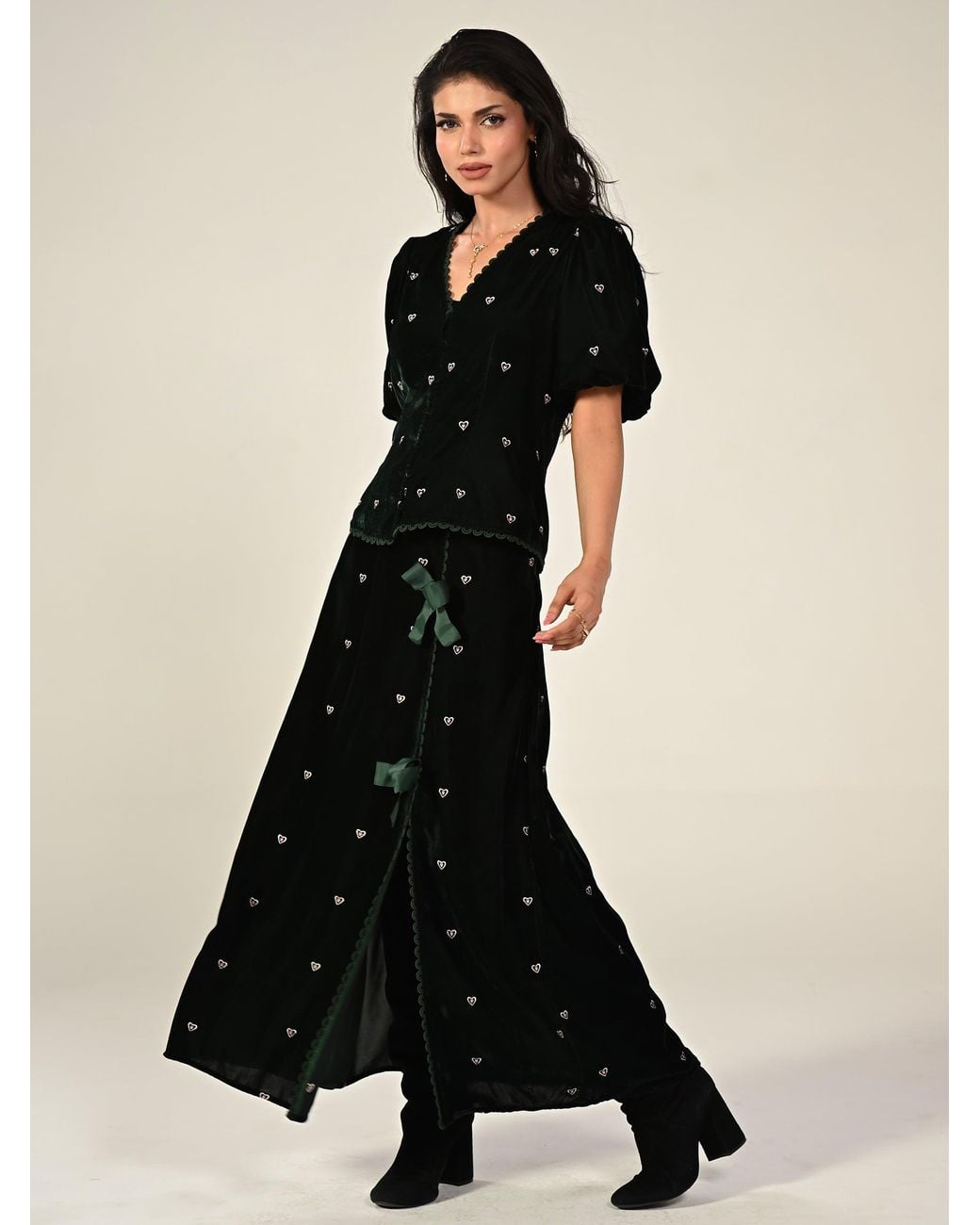 Rose & Nancy Black Illy Embroidered Heart Velvet Top