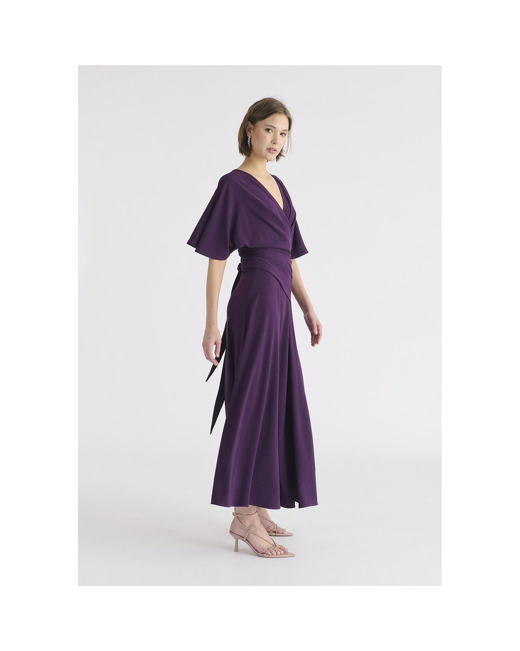 Paisie Purple Flare Sleeves Maxi Wrap Dress