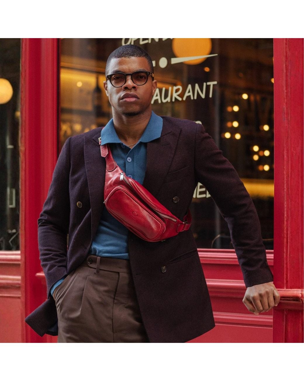 Time Resistance Red Leather Sling Bag Belly Bag for men