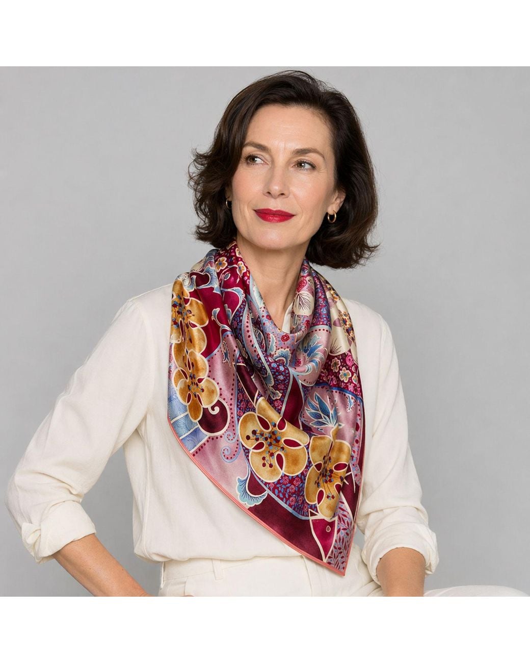 Wenzi Red Rhythms Of Bloom Hand Painted Pattern Double Sided Silk Twill Scarf