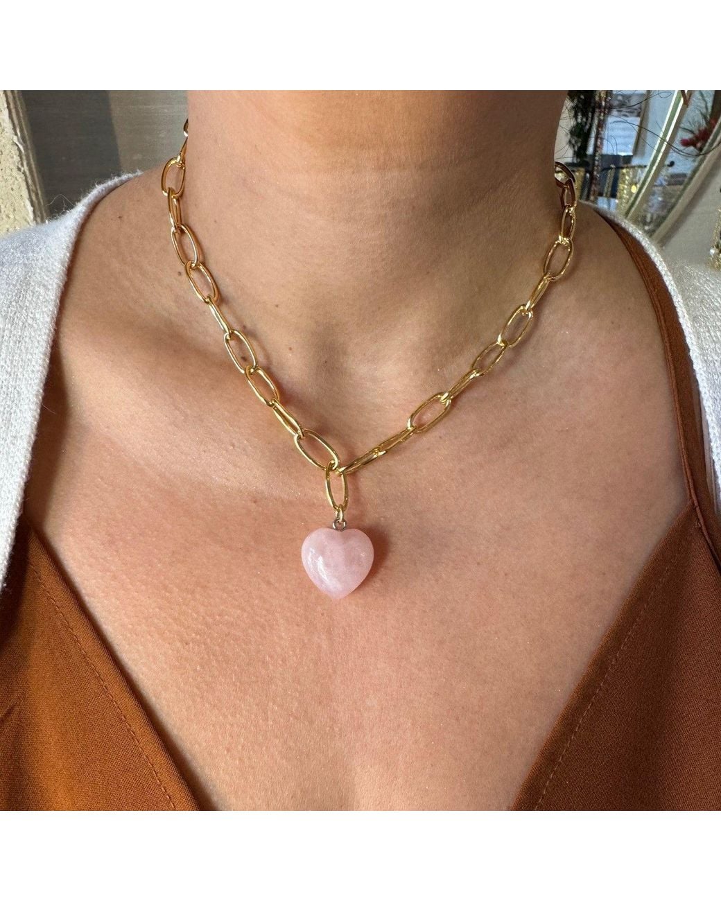 Lexi Jewelry Metallic Link Chain & Rose Quartz Heart Necklace