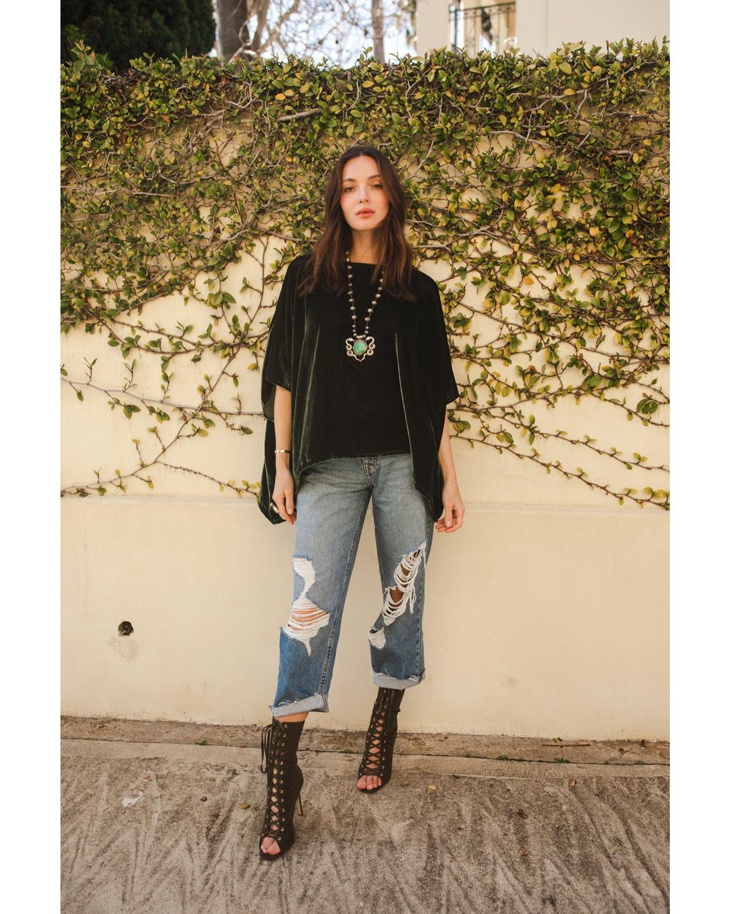Jennafer Grace Brown Silk Velvet Scarf Blouse