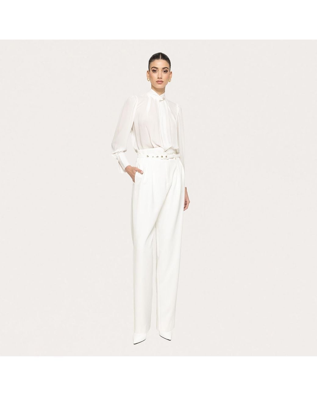 Nissa White Pearl-Detail Chiffon Top