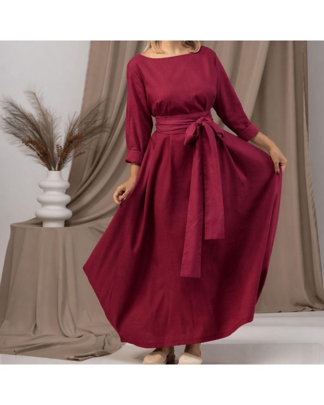 Nikka Place Red Oversized Maxi Linen Dress With Belt