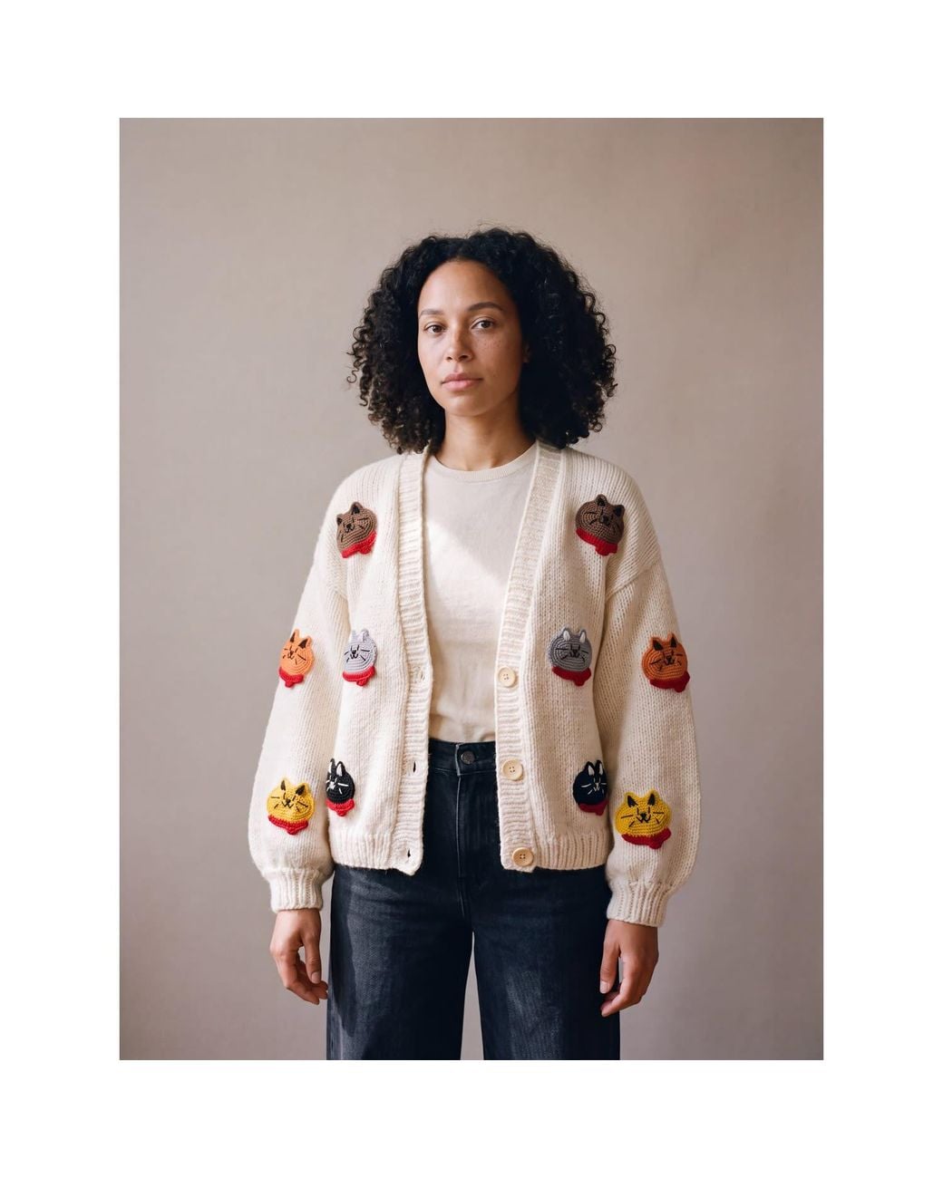 Ana Chic Multicolor Neutrals Collar Cat Handmade Knitted Cardigan