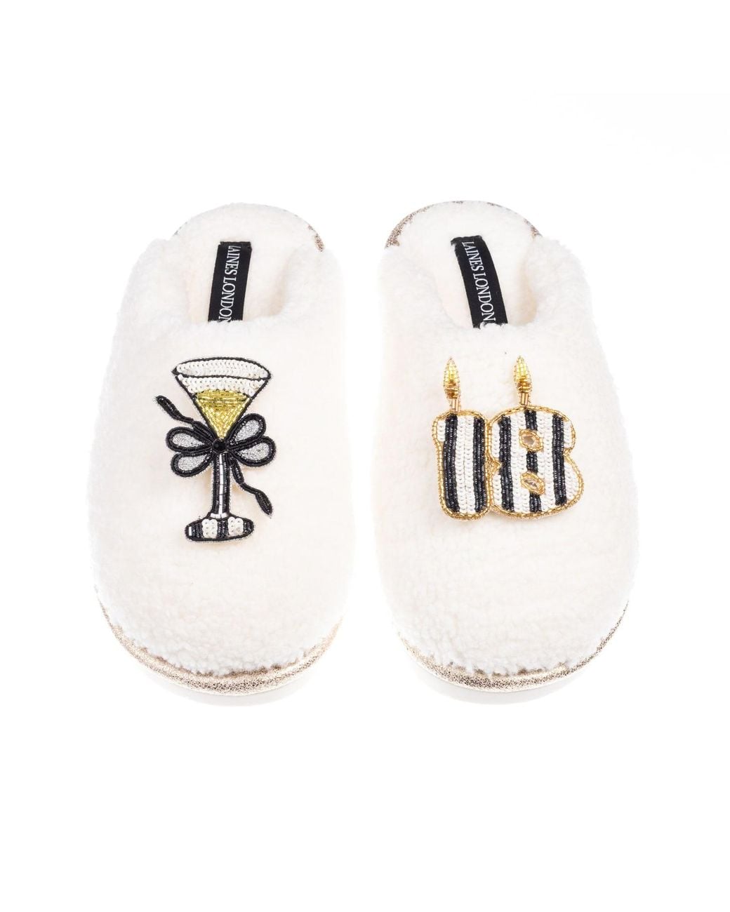 Laines London White Teddy Closed Toe Slippers With Stripe 18Th Birthday & Champagne Glass Brooches