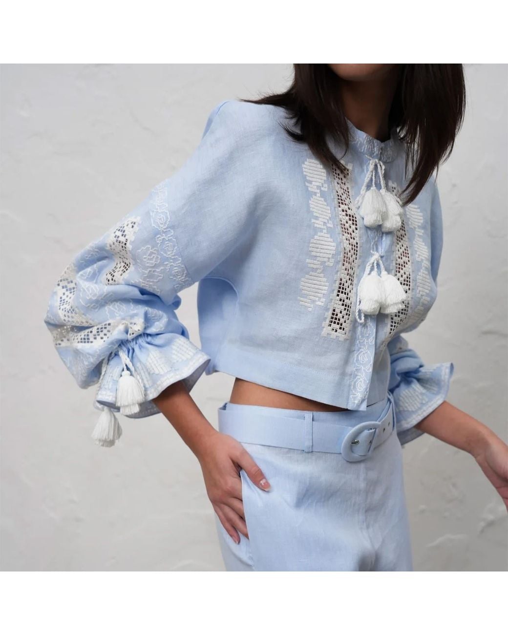 Annabo Blue Desert Rose Linen Cropped Blouse