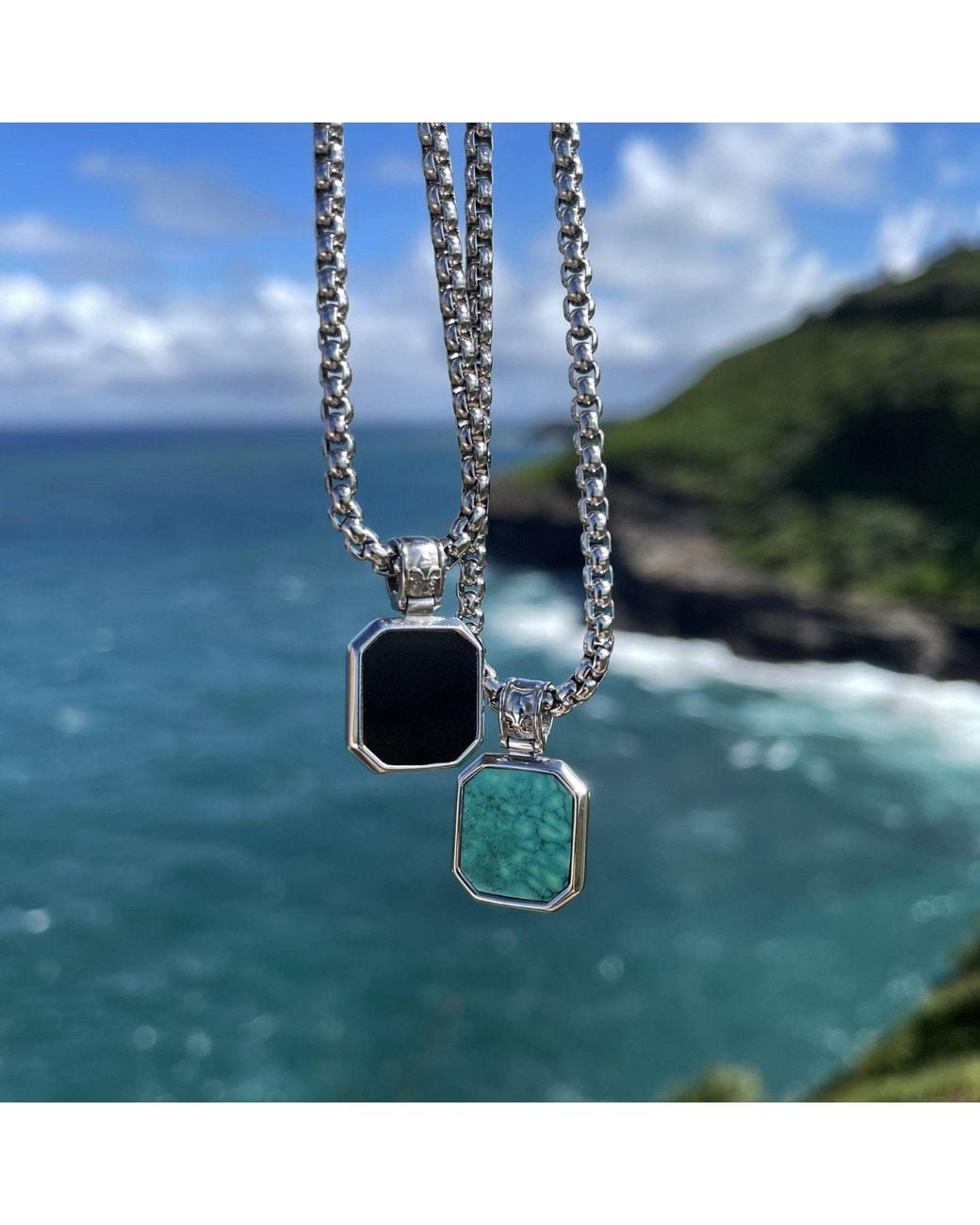Nialaya White Necklace With Square Matte Onyx Pendant for men