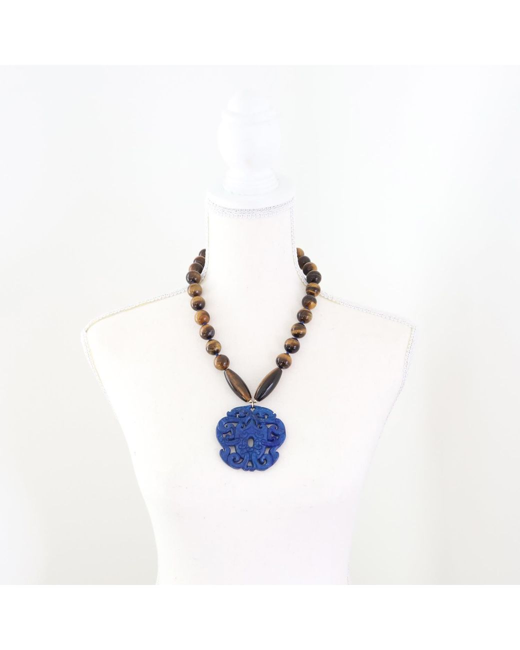 Shar Oke Blue Tiger's Eye & Jade Carved Pendant Statement Necklace