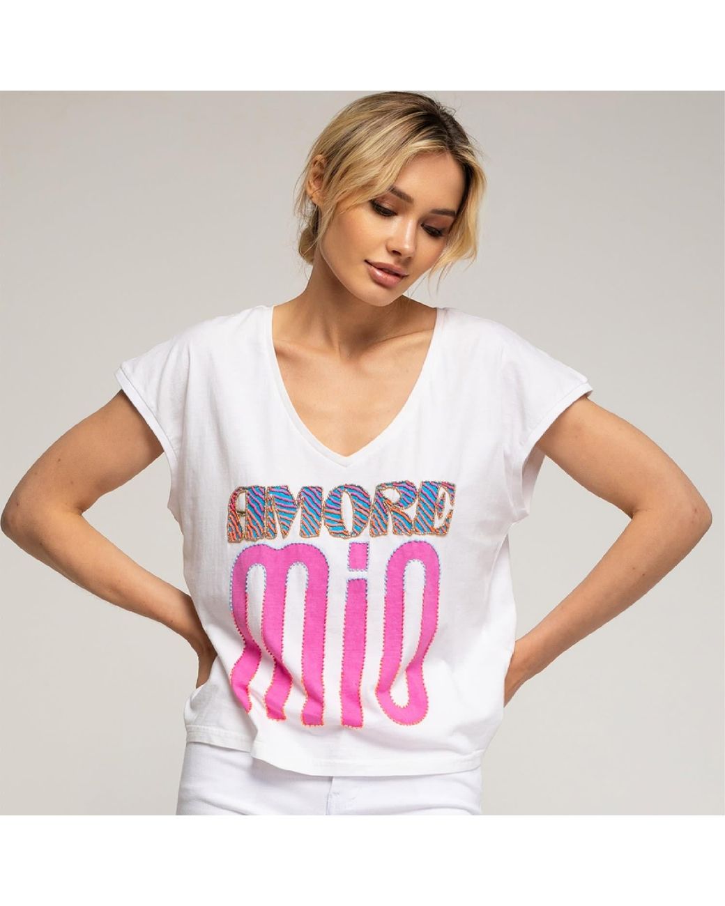 Tantra Spain Sl Pink Tshirt With Painted Text Amore Mio And Beads
