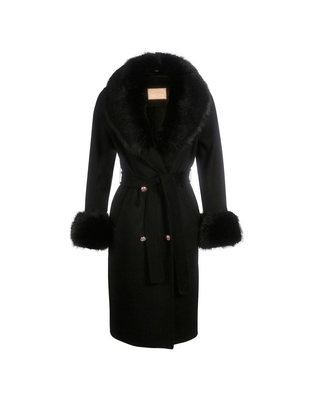 Santinni Black Marlene Cashmere & Wool Coat With Faux Fur