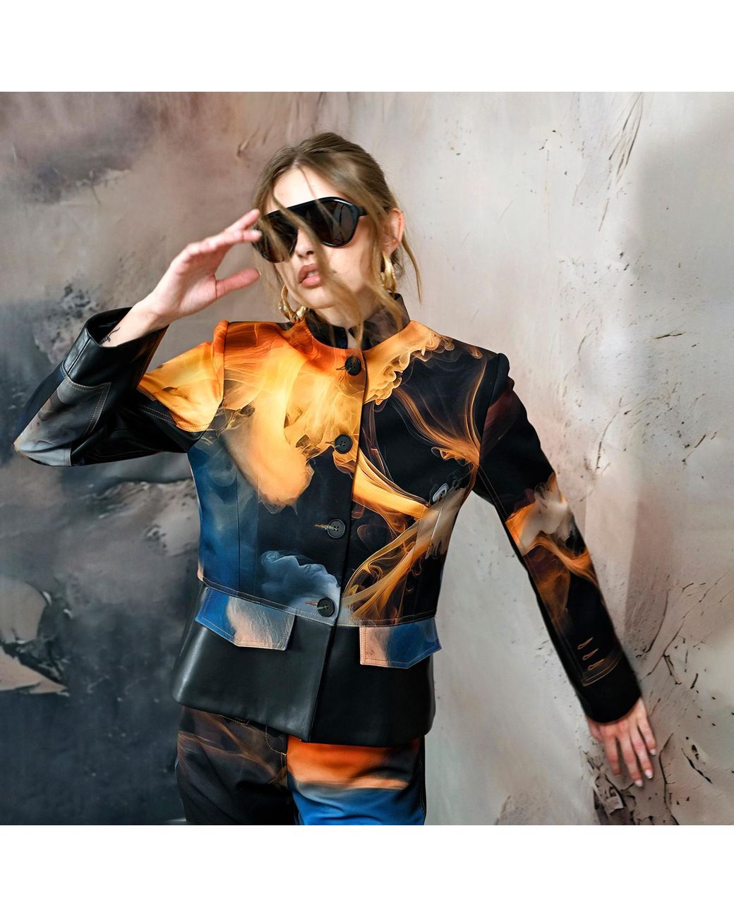 Lalipop Design Blue Cropped Jacket With Vegan Leather Trim And Digital Flame Print