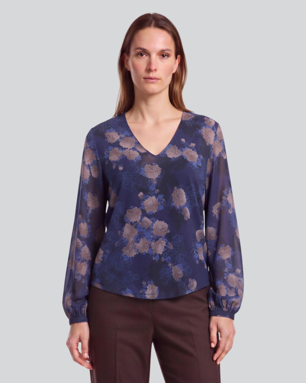 Lords of Harlech Blue Val Lans Floral Lyocell Stretch V-Neck Top