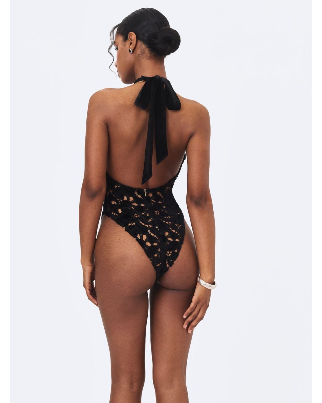 Miss Circle New York Black Breanna Velvet Lace Crossover Halter Swimsuit