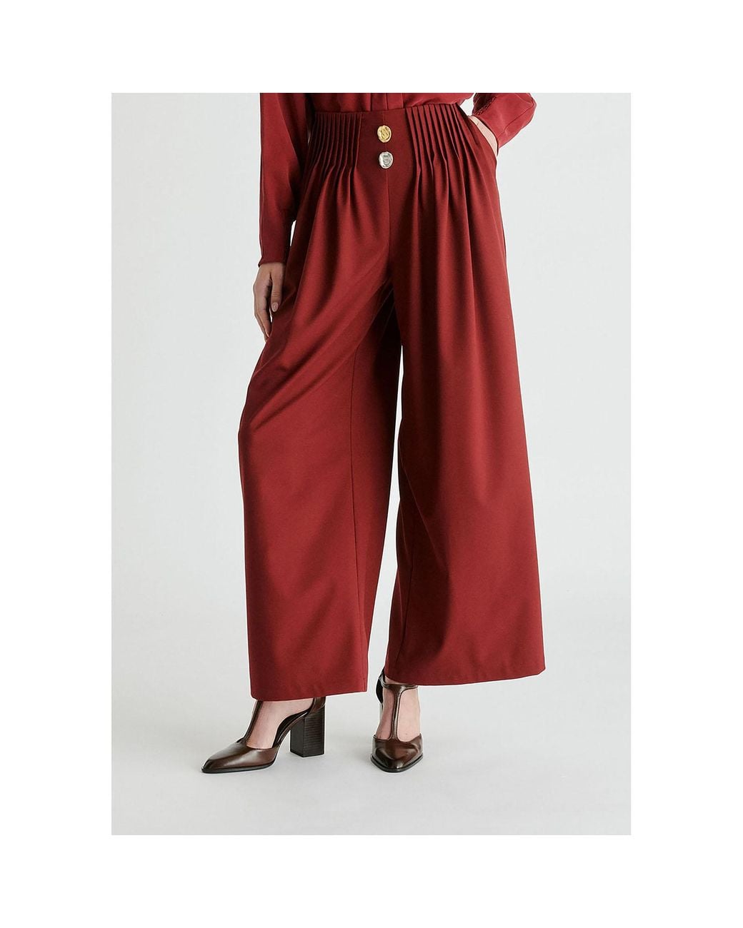 Paisie Red Wide Leg Trousers With Pleated Waist Detail