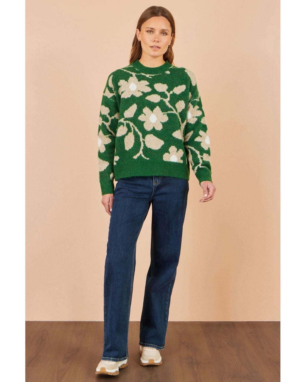 Yumi' Green Floral Intarsia Relaxed Fit Jumper