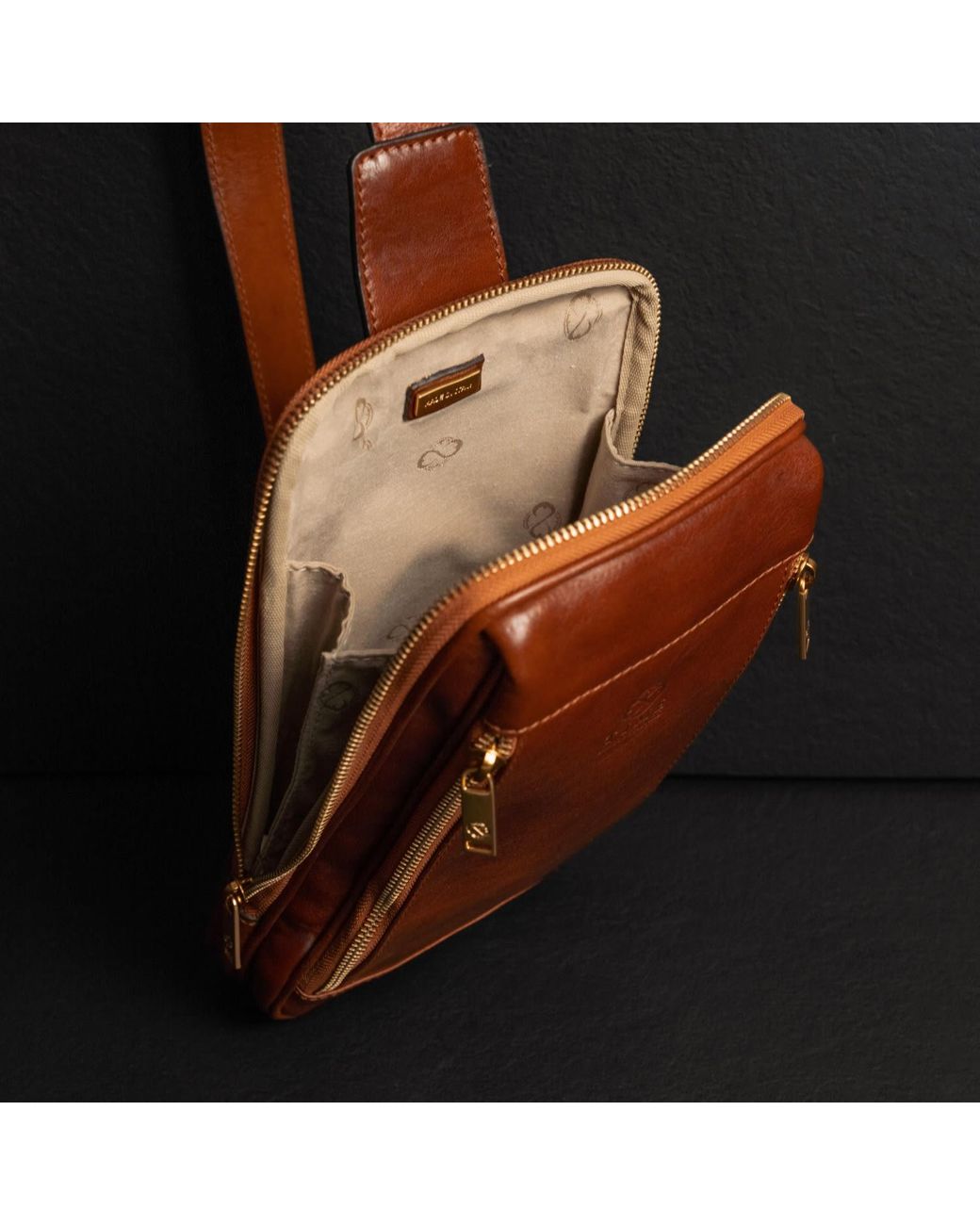 Time Resistance Brown Cognac Leather Sling Bag Chest Bag for men