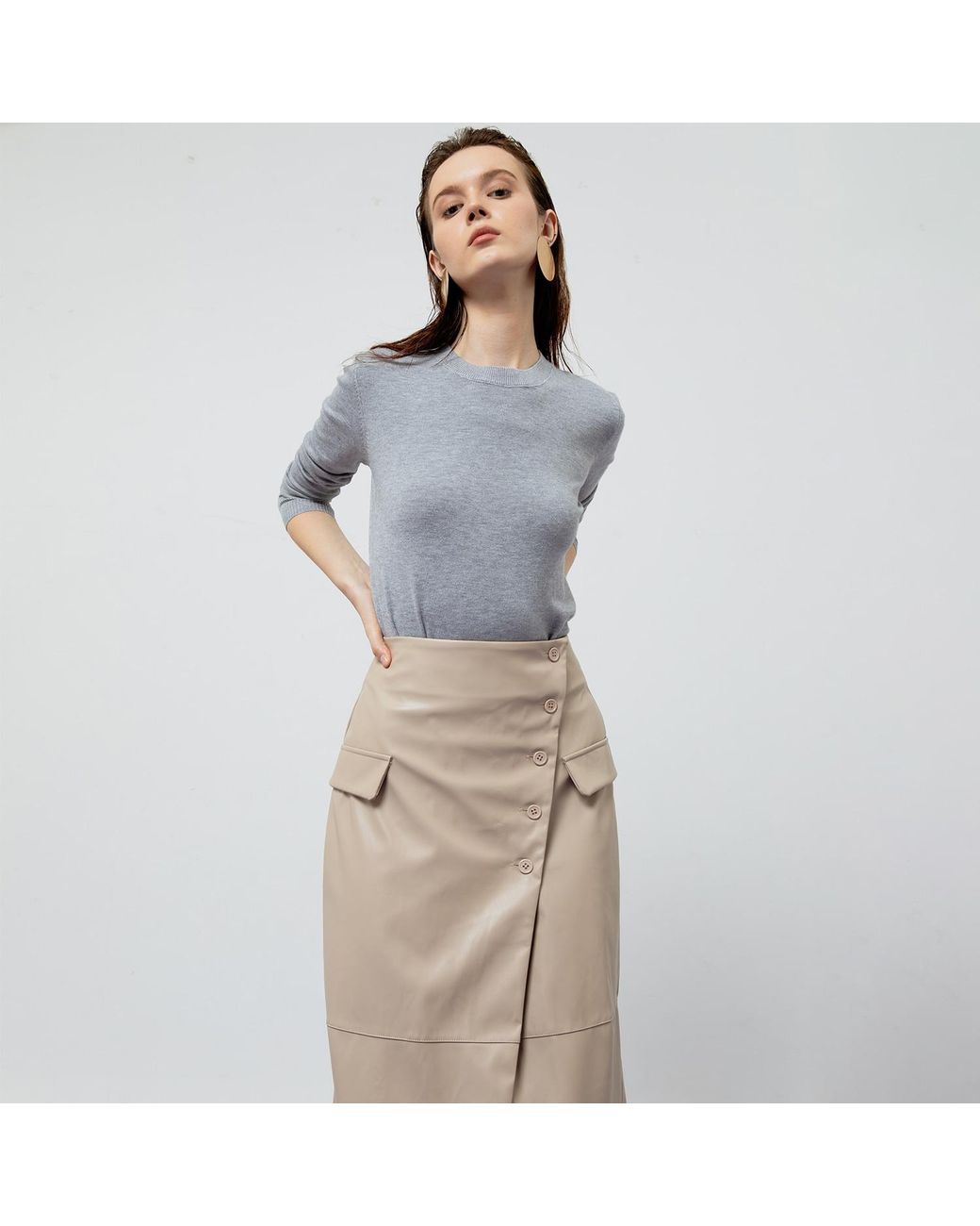 Ats the Label Natural Neutrals Beatrix Creme Faux Leather Midi Skirt