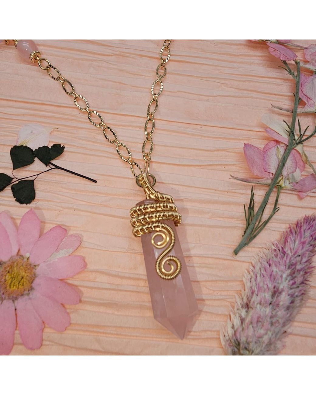 Farra Metallic Wire-Wrapped Rose Quartz Pendant With Watermelon Flower Long Necklace
