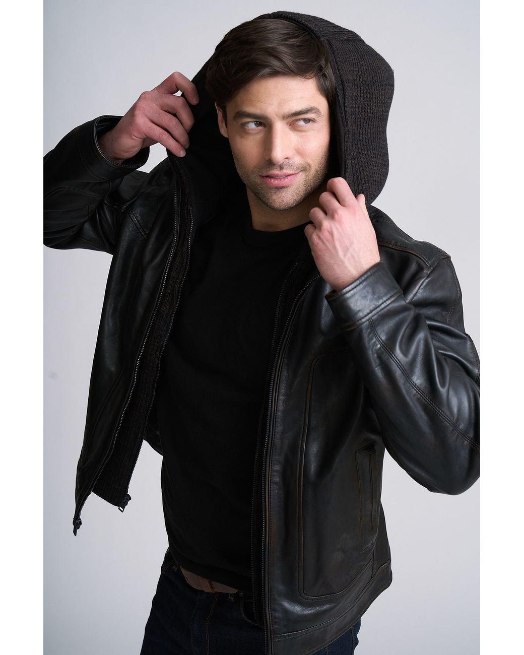 Mauritius Black Chonky Uf Contemporary Leather Jacket With Removable Hood for men