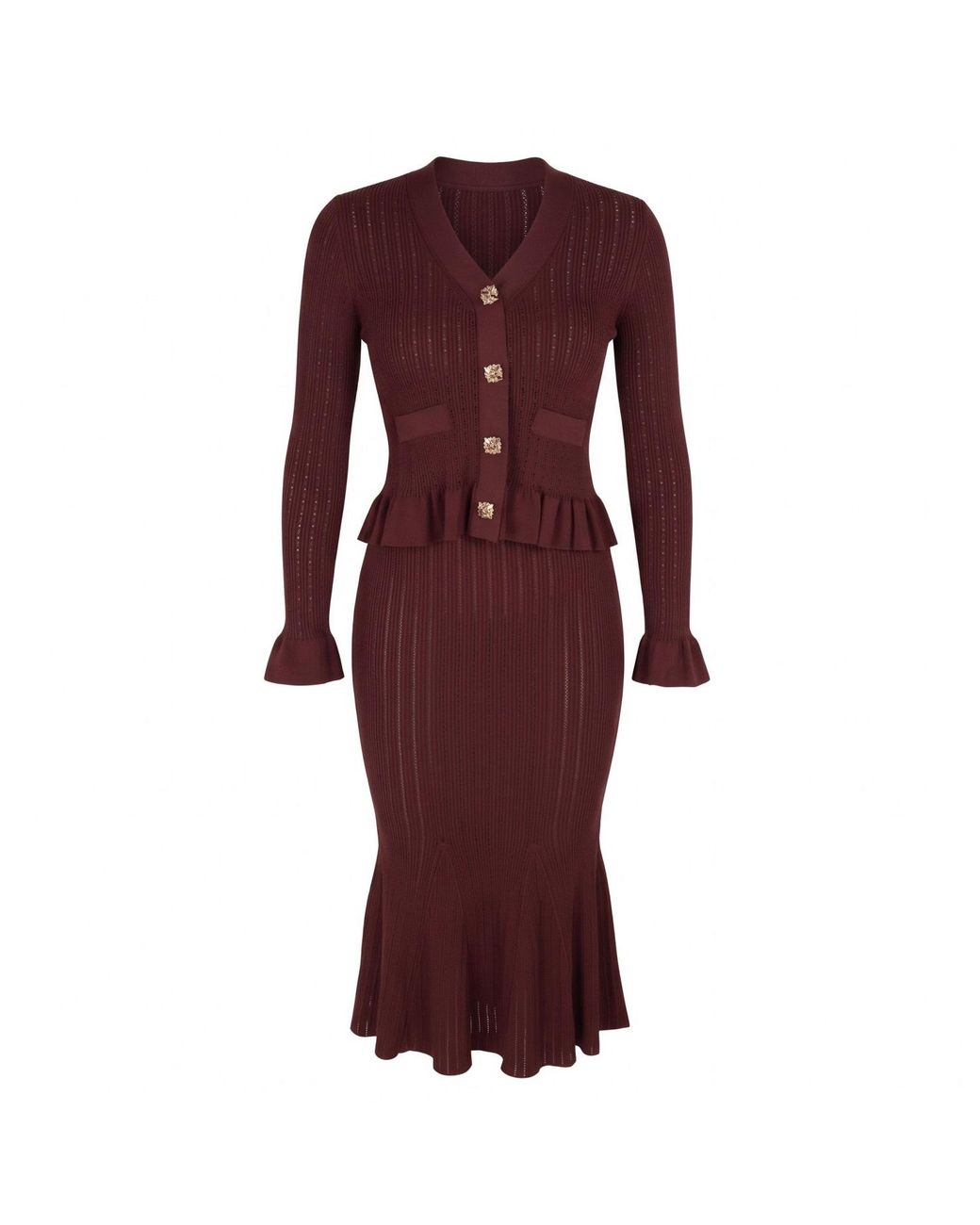 Modenaire Red Pointelle Knit Peplum Cardigan And Midi Skirt Set