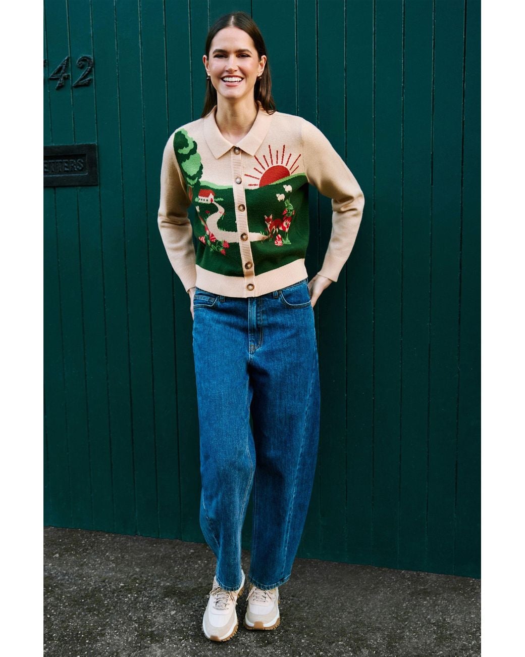 Yumi' Green Fox Scene Viscose Knitted Box Jacket