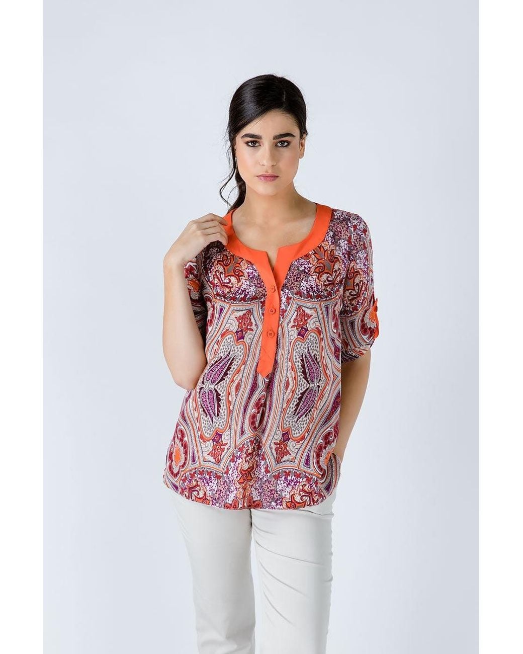 Conquista Red Print Poplin Top With Trim