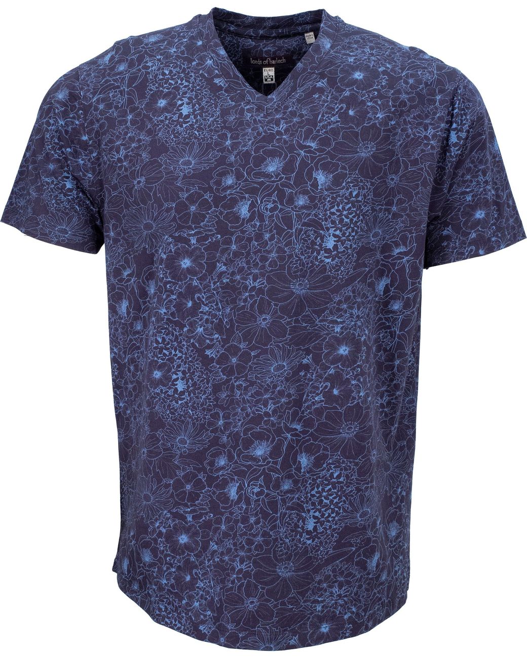 Lords of Harlech Blue Maze Outline Floral V-Neck Tee for men