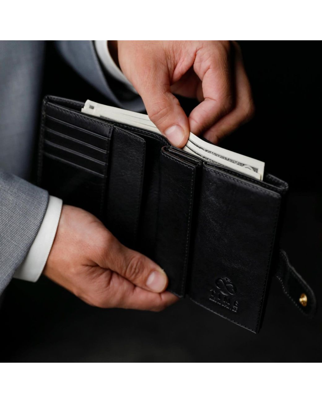 Time Resistance Black Leather Bifold Wallet With A Snap Closure for men