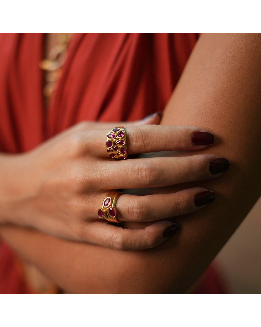 Ebru Jewelry Metallic Teardrop Ruby Stone & Adjustable Statement Ring