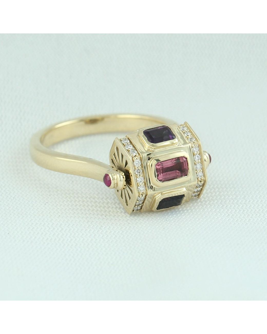 Artisan White 14K Garnet, Tourmaline, Topaz, Amethyst & Diamond Geometric Ring