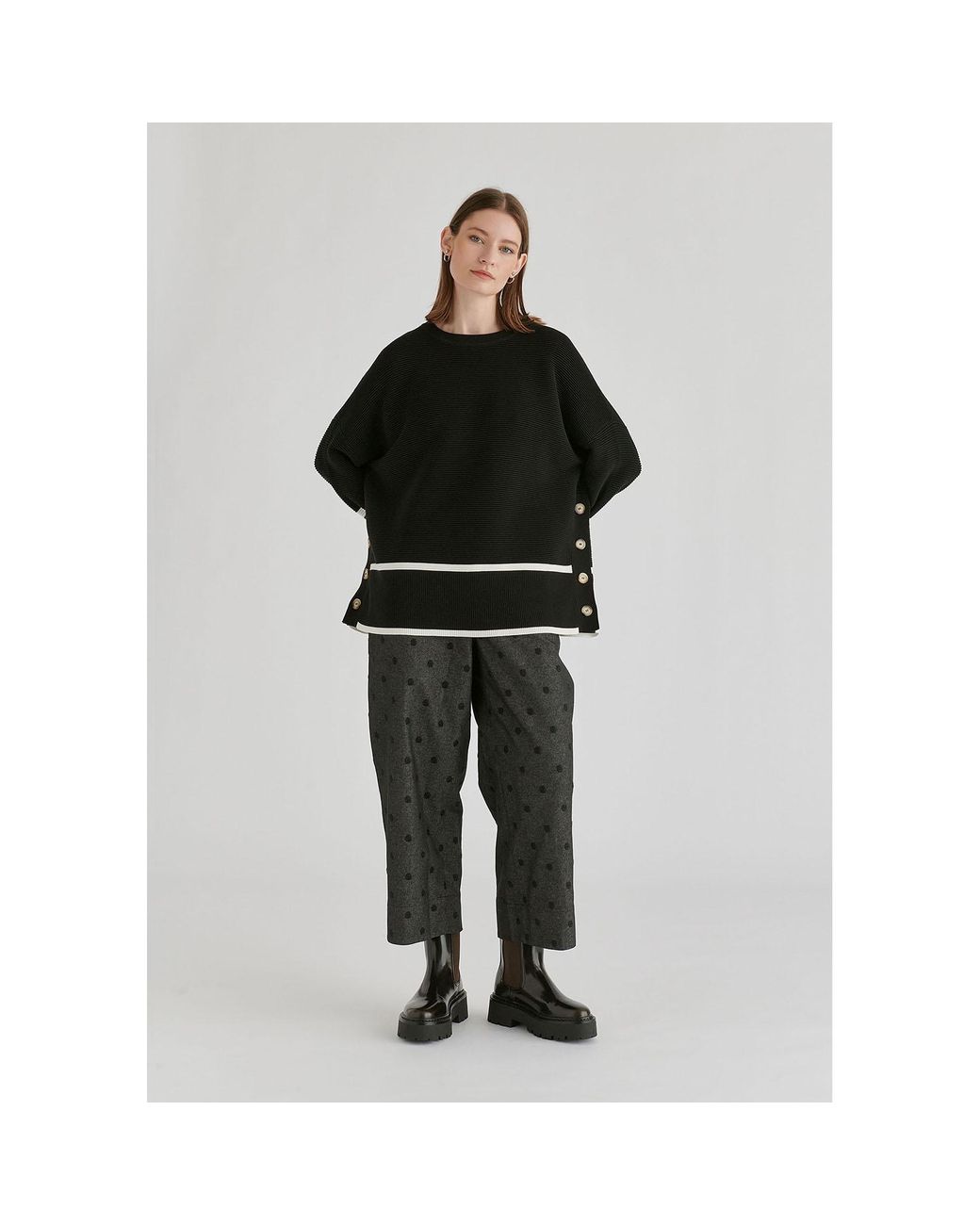 Paisie Black Striped Details Ribbed Jumper With Side Buttons