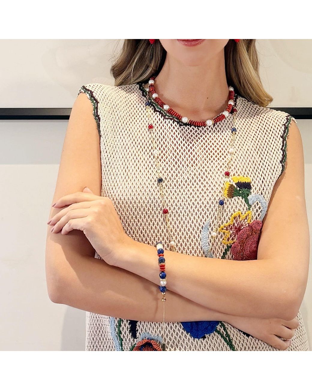 Farra Blue Lapis Bamboo Coral And Pearl Adjustable Slider Bracelet