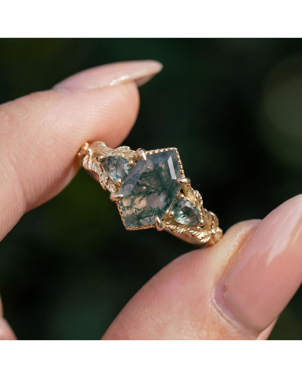 Azura Jewelry New York Green Gardenia Moss Agate Ring Vermeil