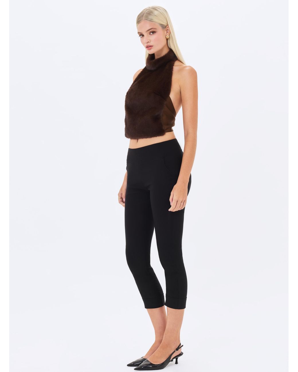 Miss Circle New York Black Xeriah Espresso Faux Mink Fur Backless Halter Top