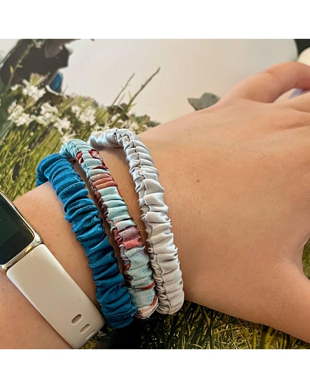 Soft Strokes Silk Blue Set Of Three Pure Mulberry Silk Skinny Scrunchies Weekly Special Hair Ties Coastal Garden Paradise
